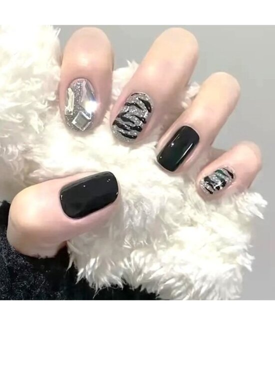 Press On Nails Fake Other - Nails Black Zebra Stripes 24 Fake Press On Glossy Silver Glitter Glam Trendy Fun